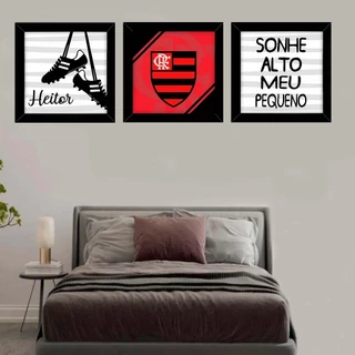 Kit Quadros Decorativos Time Futebol Preto E Vermelho Nome Personalizado 3 Peças