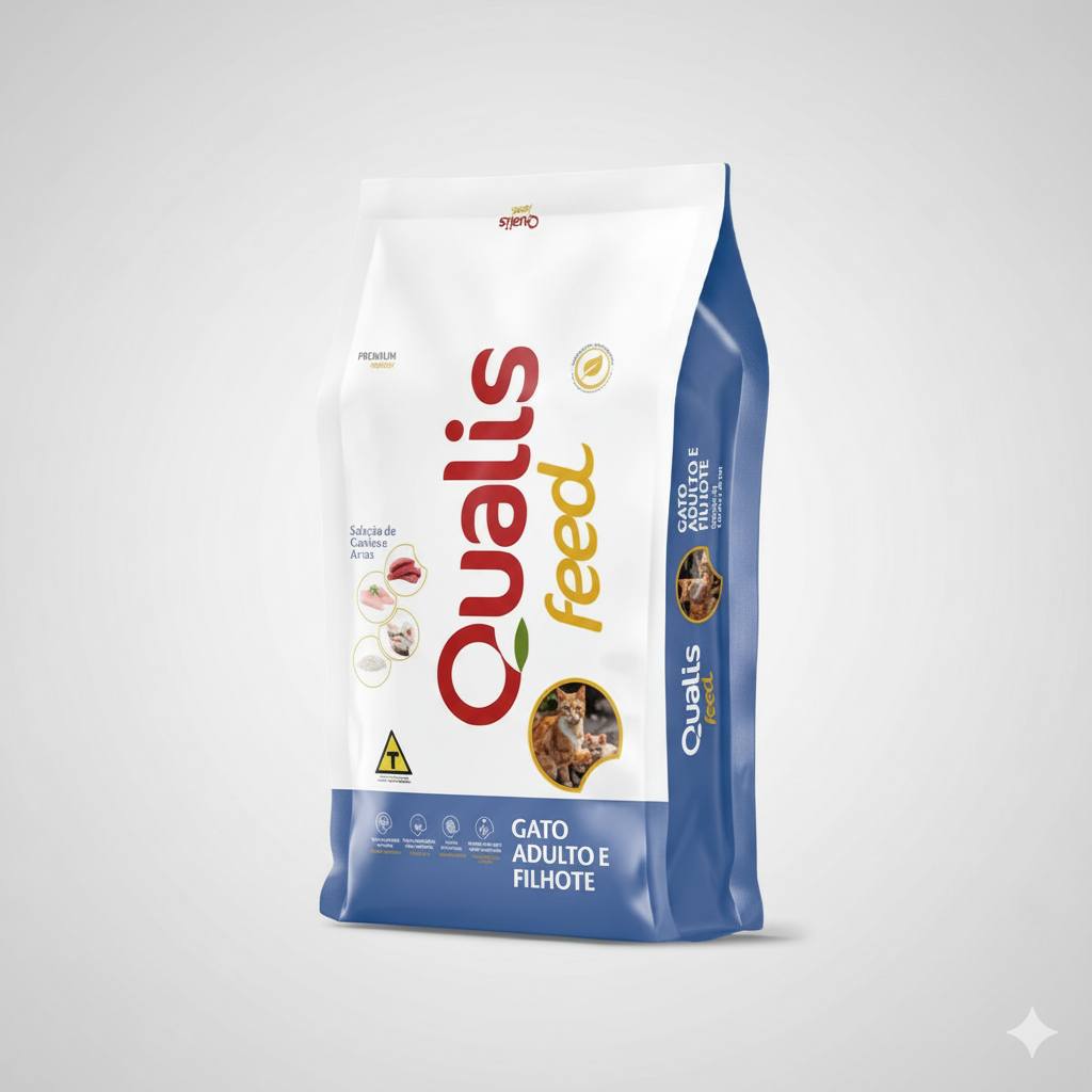 Ração Filhotes e Gatos Adultos 1,01kg Qualis Feed - Sabor Carne e Arroz ...