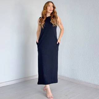 Vestido Longo Cavado C/Bolso 100% Algodão em Oferta na Shopee