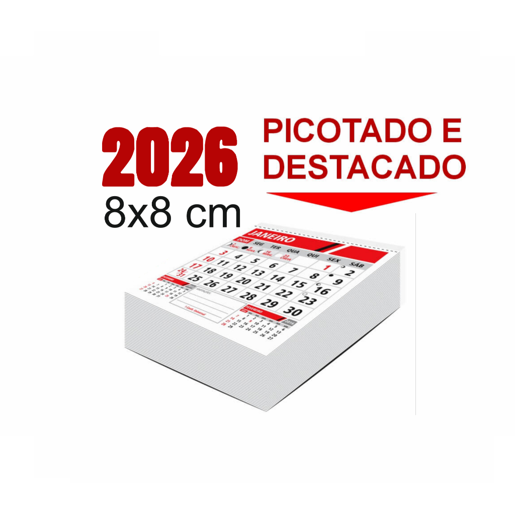 Bloco calendario 2026 - 8x8 cm com 12 folhinhas - 20 / 50 unidades