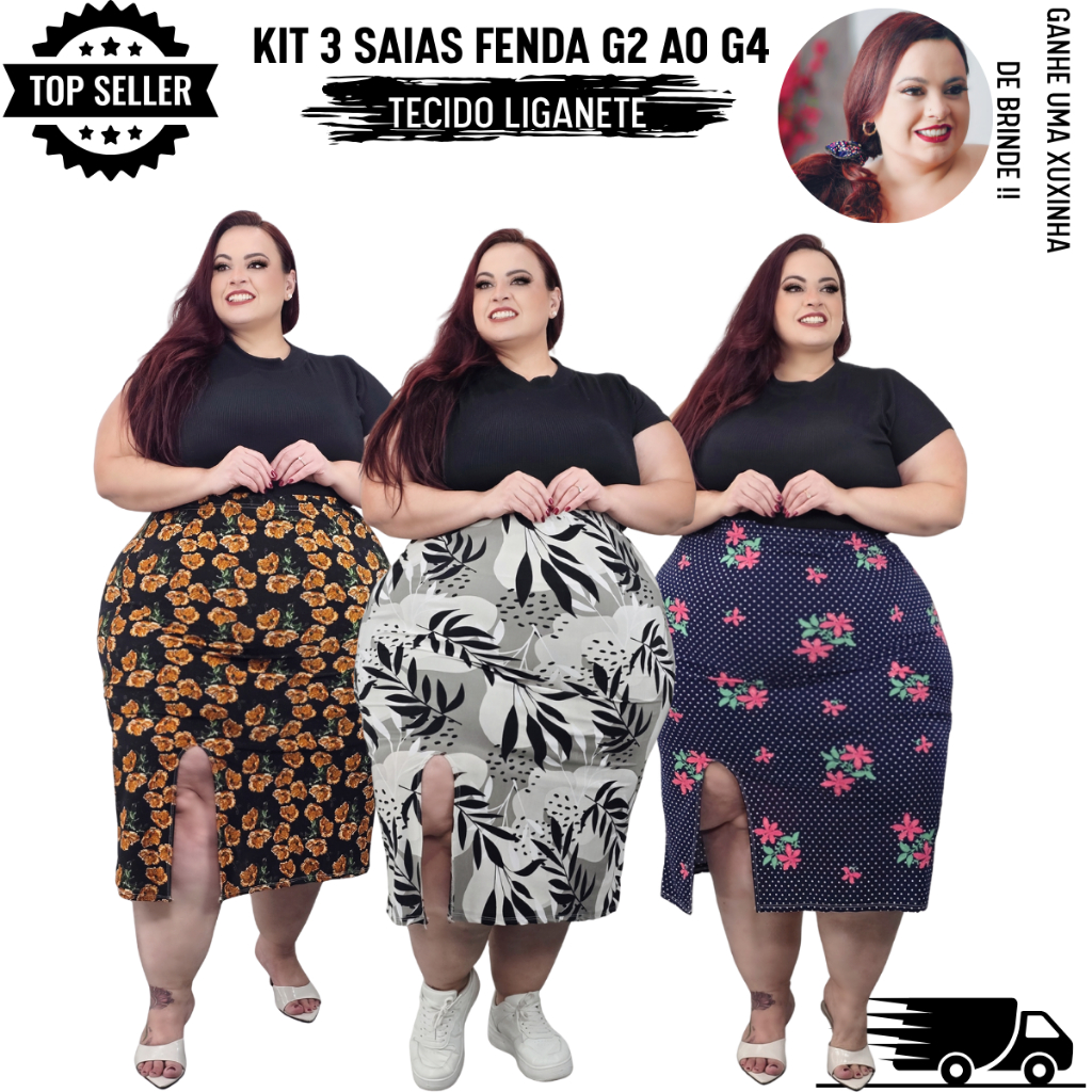 ModasKalu Kit 3 Saias Midi Feminina Plus Size Confortavel G2 AO G4 ...