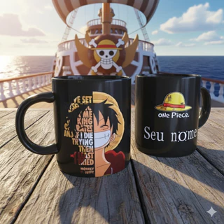Caneca Anime One Piece preta Luffy Frases com Seu Nome Xícara Personalizada Presente Porcelana