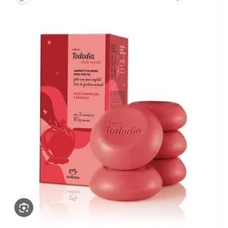 sabonete em barra cont 05 unidades cada caixa 90g cada da fragrância Maçã Caramelada e Baunilha da Natura