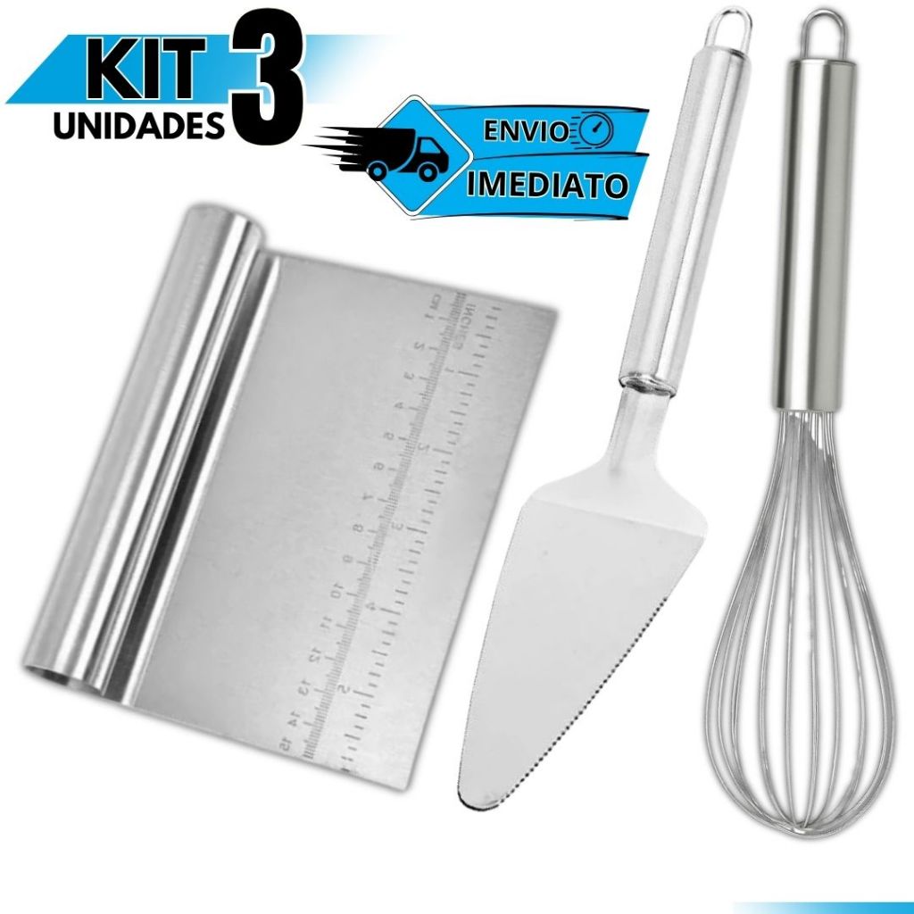Kit Confeiteiro 3 Peças: Fouet Inox + Espátula Bolo + Raspad