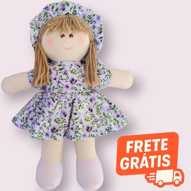 Boneca de Pano 30 cm Caqui Bonequinha Cabelo Castanho