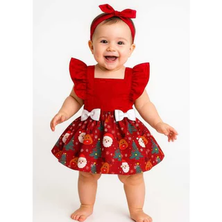 Romper Salopoete, Vestido Natal e ano novo Bêbe Menina temático com turbante de 8 meses a 1 ano e meio