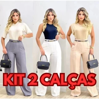 Kit 2 Calça Pantalona Alfaiataria Com Ziper Na Lateral Cintura Alta Com Cinto TOP PROMOÇÂO Do P ao GG