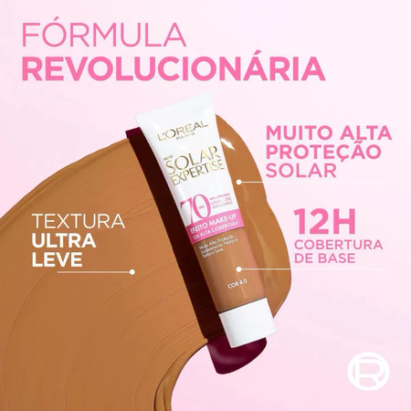 Tubo de protetor solar com textura leve e alta proteção solar, efeito make-up.