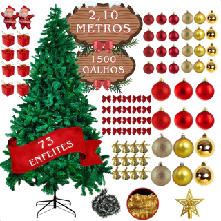 Árvore de Natal 2,10m COM E SEM Decoração 75 Enfeites Luxo + Luzes | Completa Pronta para Montar