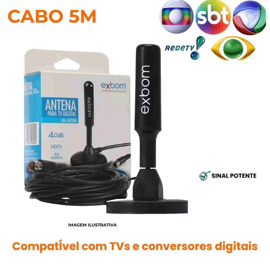 Antena Digital HDTV 4K Full HD – Cabo 5m com Base Magnética – TV Sinal