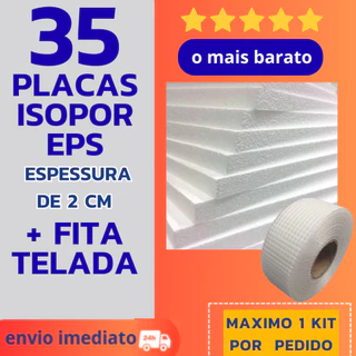 *KIT 35 PLACAS DE ISOPOR EPS ANTICHAMAS 1 METRO POR 50CM + FITA TELADA 45M PARA FORROS E TETO