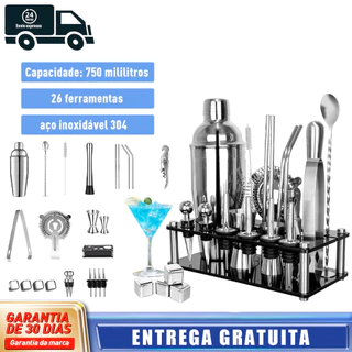 Kit Coqueteleira Profissional 26pcsTorre De Caipirinha Em Aço Inox304Kit Bartender 750ml Com Prateleira De Armazenamento