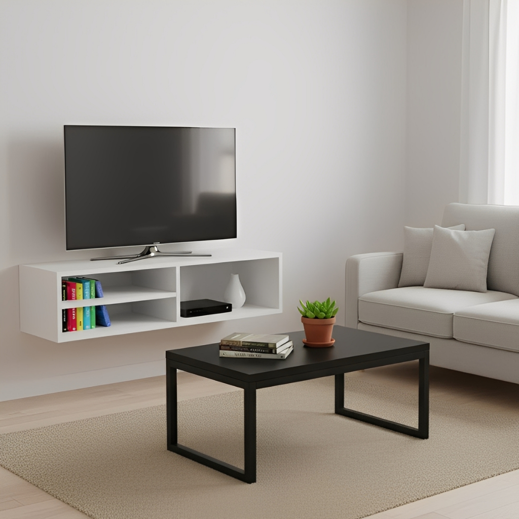 Rack Suspenso Multiuso e Mesa de Centro Design Moderno para Sala Preta