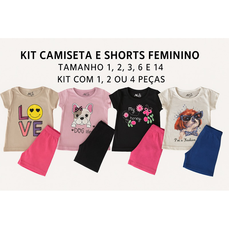 Kit Sortido 8 Peças de Roupas Infantis Feminino Verão - 4 Camisetas + 4 Bermudas