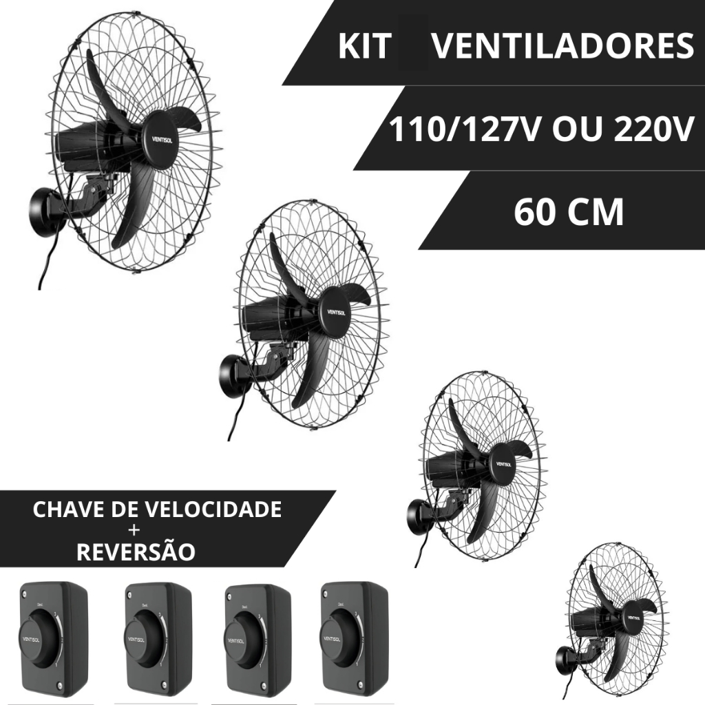 Kit Ventiladores De Parede 60cm Diâmetro Forte Ventisol 3 Pás Preto Potente Igreja Academia Lojas