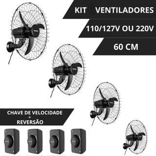 Kit Ventiladores De Parede 60cm Diâmetro Forte Ventisol 3 Pás Preto Potente Igreja Academia Lojas