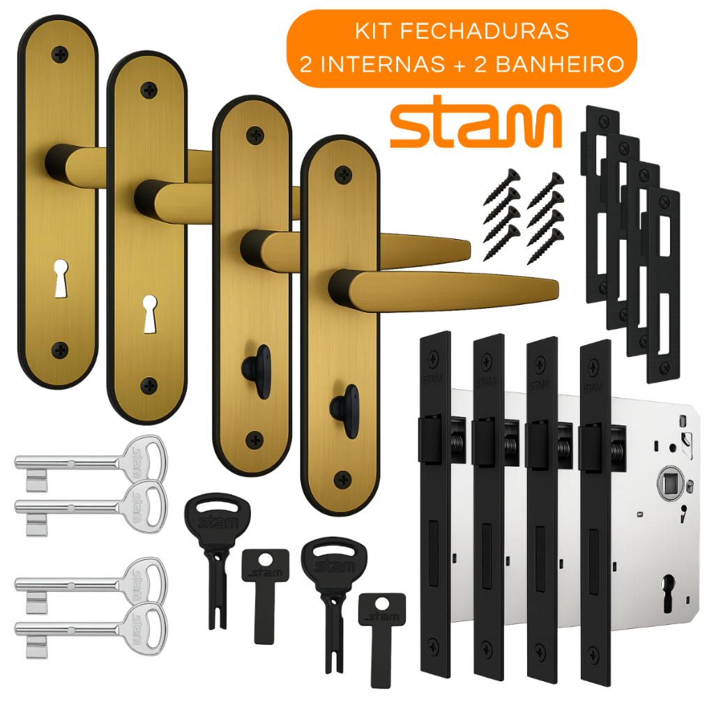Kit 2 Fechadura Completa Stam Bronze Porta Madeira Quarto Interna + 2 ...