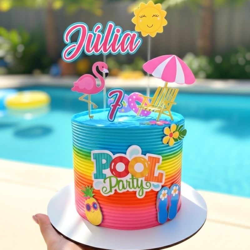 ENVIO RÁPIDO - Topo/Topper de Bolo Simples - Pool Party/Verão/Festa na Piscina (Menina) | Mêsversário/Aniversário