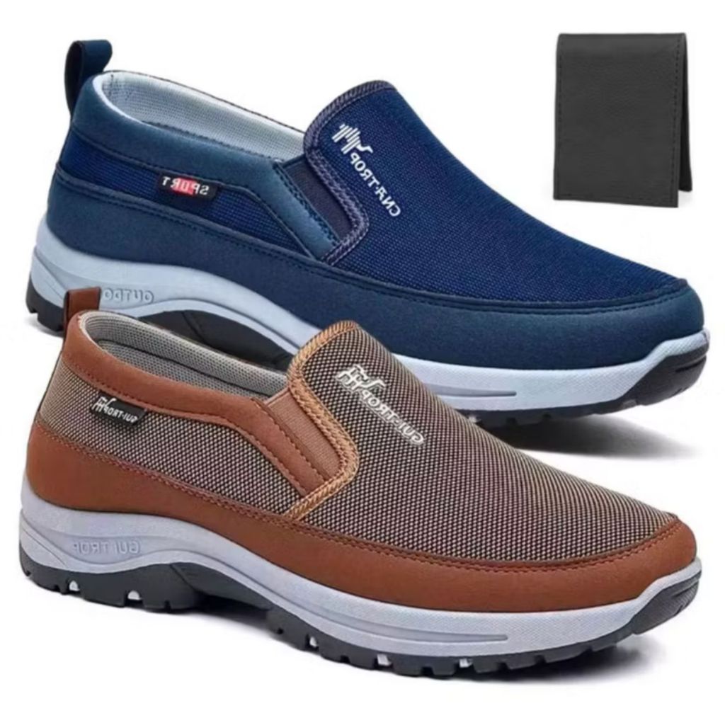 Kit 2 Pares Tenis Sapatilha Mocasssin Masculino Casual Ortopedico Macio de Trilha Leve e Solado Costurado + Carteira