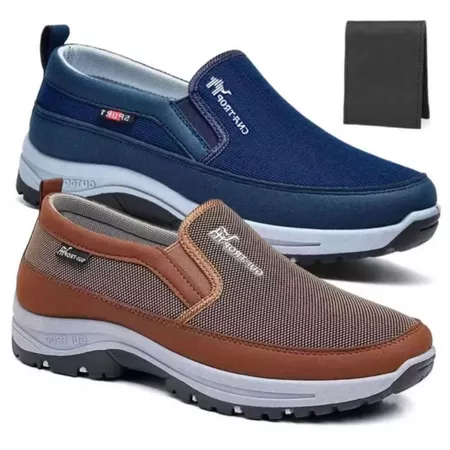 Kit 2 Pares Tenis Sapatilha Mocasssin Masculino Casual Ortopedico Macio de Trilha Leve e Solado Costurado + Carteira