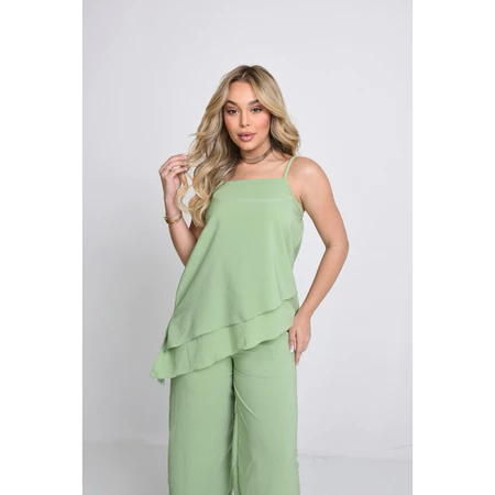 Conjunto calça pantalona blusa alcinha assimétrica camadas em crepe