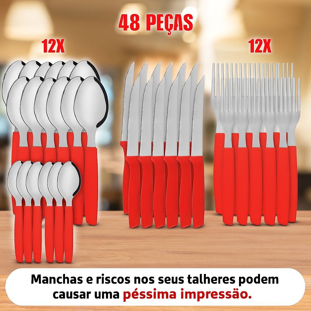 Kit 48 Talheres Inox com Cabo Ergonômico – Resistentes, Modernos e ...