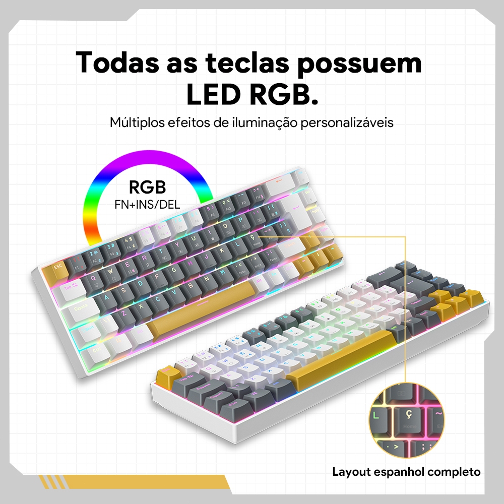 ZIFRIEND TK68 Teclado Mecânico Gamer 60% RGB ABNT2 Hot Swap Switch