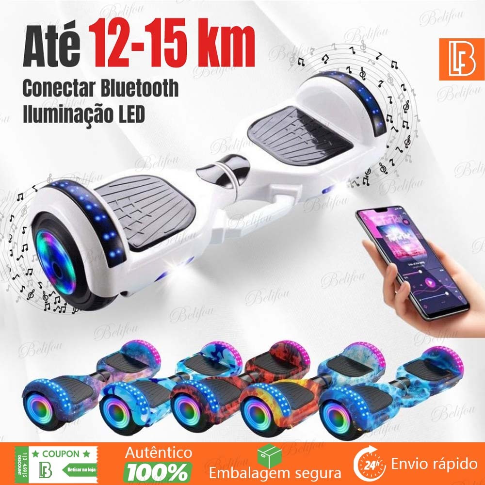 Hoverboard Infantil 6.58 Polegadas Skate Elétrico LED Bluetooth Música Motor 600W Bateria Alta Capacidade