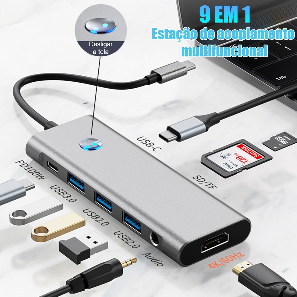 Type C HUB e USB 3.0 HUB 9 em 1 porta divisor PD100W 4K HDMI PD TF/SD ...