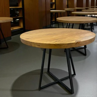 Mesa Rustica de Madeira Maciça 80 cm Redonda 4 Lugares Restaurante Bar Cozinha Reforçada Pés de Ferro Moderna Luxo