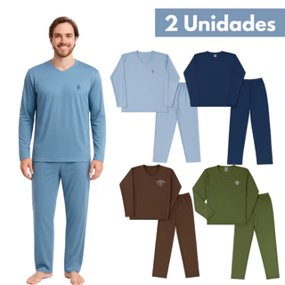 Kit 2 Pijamas Longo Adulto Masculino Manga Comprida Bordado Sortido P ao GG em Oferta na Shopee