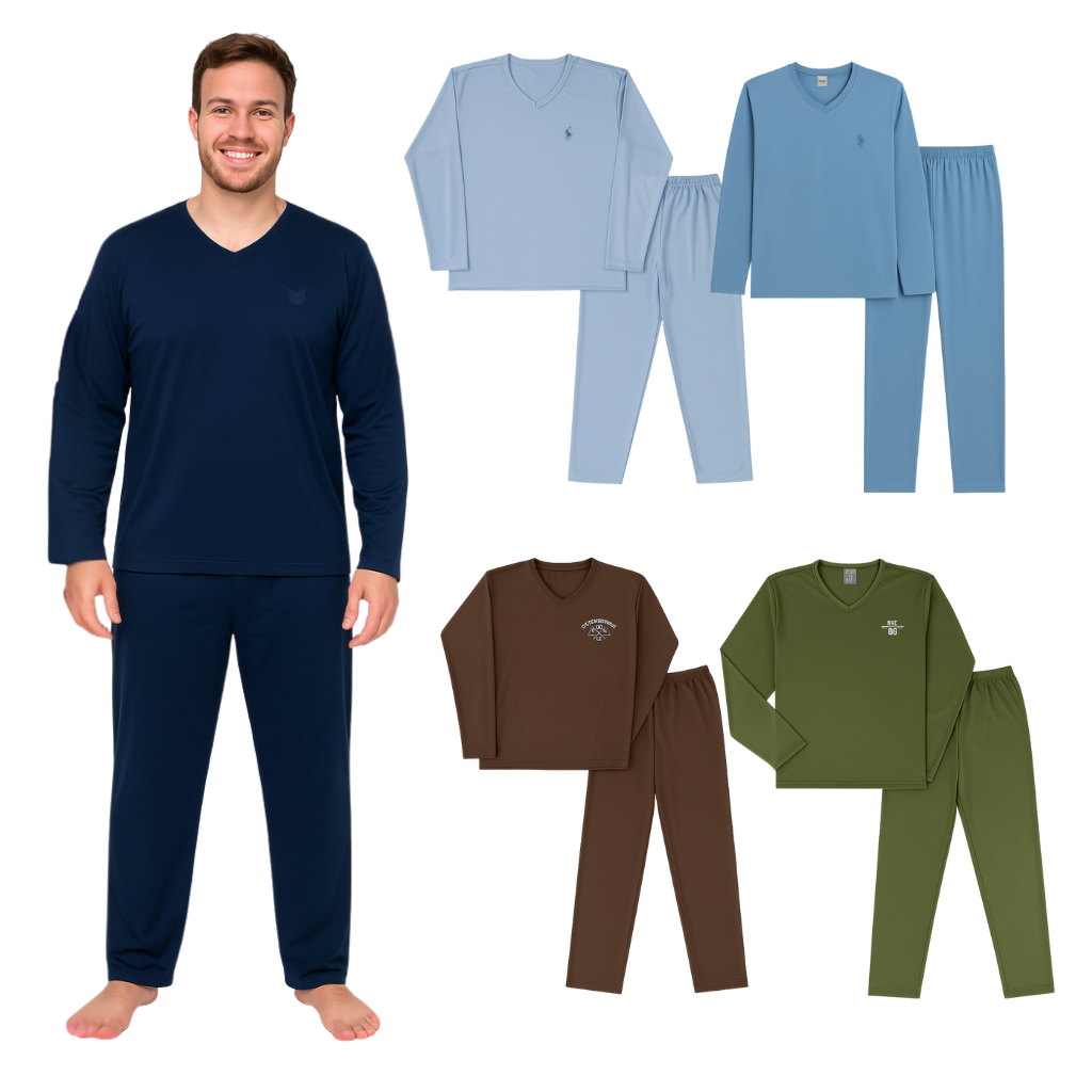 Pijama Longo Adulto Masculino Manga Comprida Bordado Sortido P ao GG em Oferta na Shopee