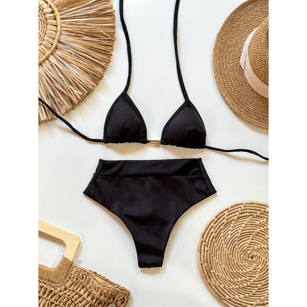 Biquíni Cortininha com Bojo Removível e Calcinha Hot Pant Cintura Alta Poliamida Elástica com pala