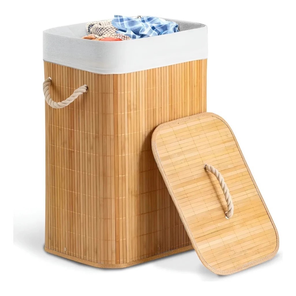 Cesto De Roupa Suja Bambu 72 Litros Lavanderia Com Tampa e Alças Forrado Grande Organizador Banheiro