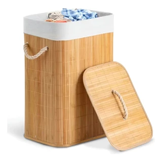 Cesto De Roupa Suja Bambu 72 Litros Lavanderia Com Tampa e Alças Forrado Grande Organizador Banheiro