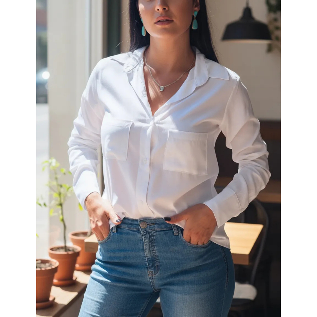 Camisa De Botão Feminina De Alfaiataria Social Com Dois Bolsos No Peito ...