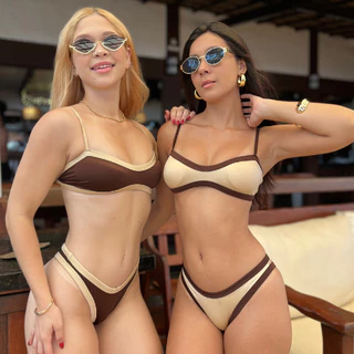 Biquíni Feminino Top Bicolor Asa Delta com Bojo Removível e Tecido Resistente Brilhante em Oferta na Shopee