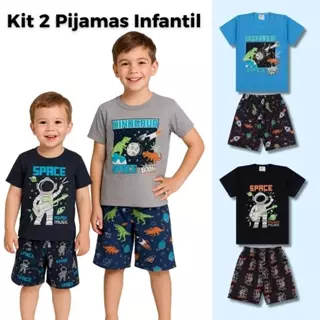 Kit 4 Peças Pijamas de Verão Infantil Menino Dinossauro e Astronauta - BRILHA NO ESCURO em Oferta na Shopee