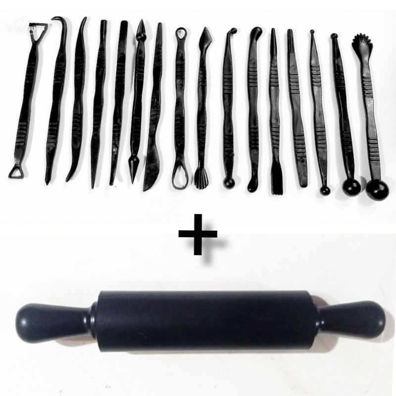 Kit Estecas + Rolo 23cm 17 Pçs Ferramentas Para Biscuit Cerâmica Confeitaria