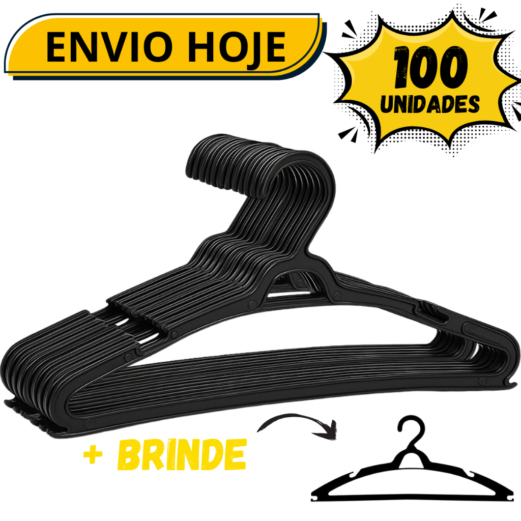 Cabide Adulto Preto Kit 100 Cabides Reforçados Organizar Roupas Atacado Direto Fabrica Melhor Preço