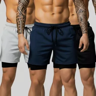 Kit 3 Bermudas Masculino 2 Em 1 Academia Corrida Fitness Confortável Com Bolso Interno