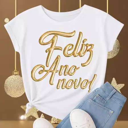 Camiseta Ano Novo Feminina M G GG Malha Poliéster Fiado Look Reveillon
