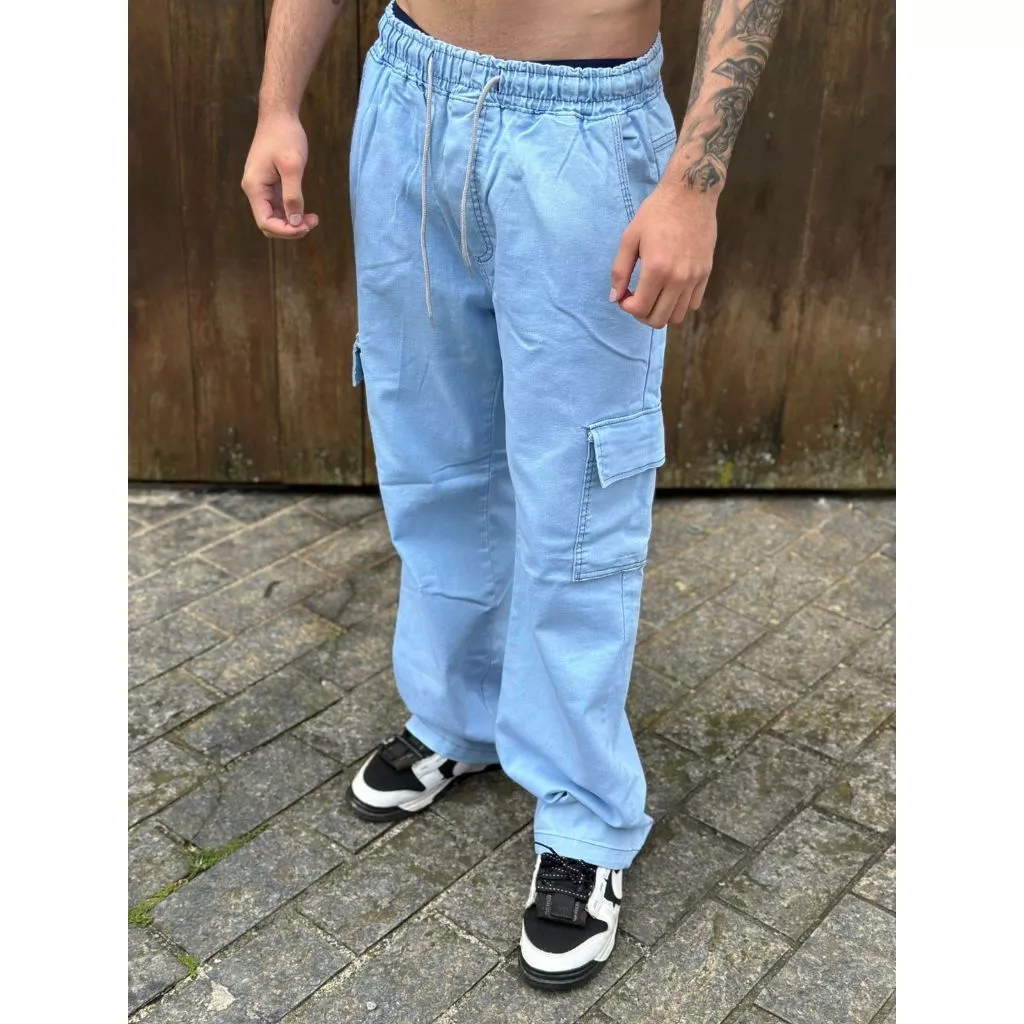 Calça Cargo Larga Unissex 6 Bolsos Laterais E Elastico Ajustavel CGC