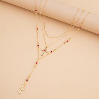 3 Peças Conjunto Colar Pingente de Cruz com Strass, Colar Gargantilha Multicamadas de Corrente Metálica Versátil