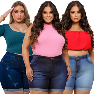 Kit 3 Shorts Plus Size Jeans Feminina Com Lycla