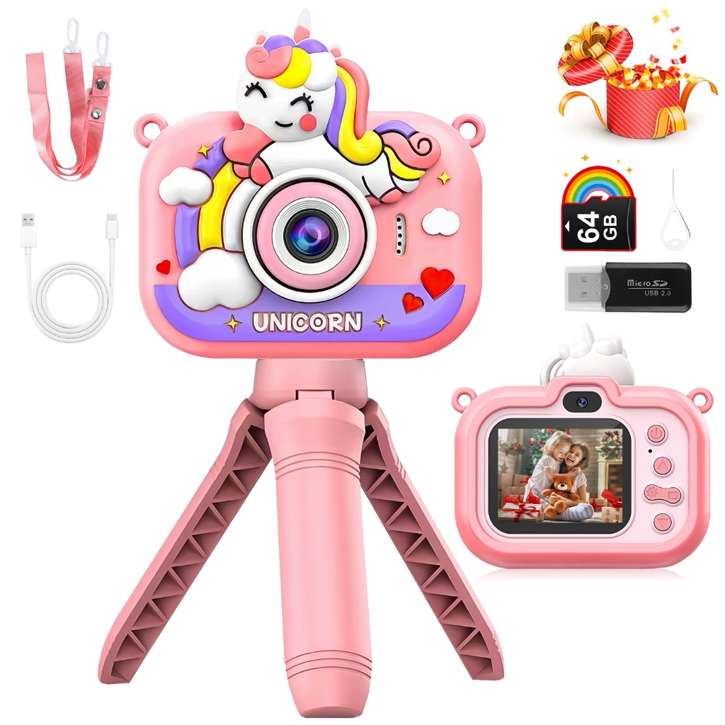 Camera Digital Infantil Com Suporte E Cartão Memória 64g Rosa