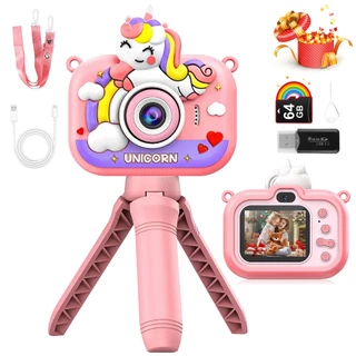 Camera Digital Infantil Com Suporte E Cartão Memória 64g Rosa