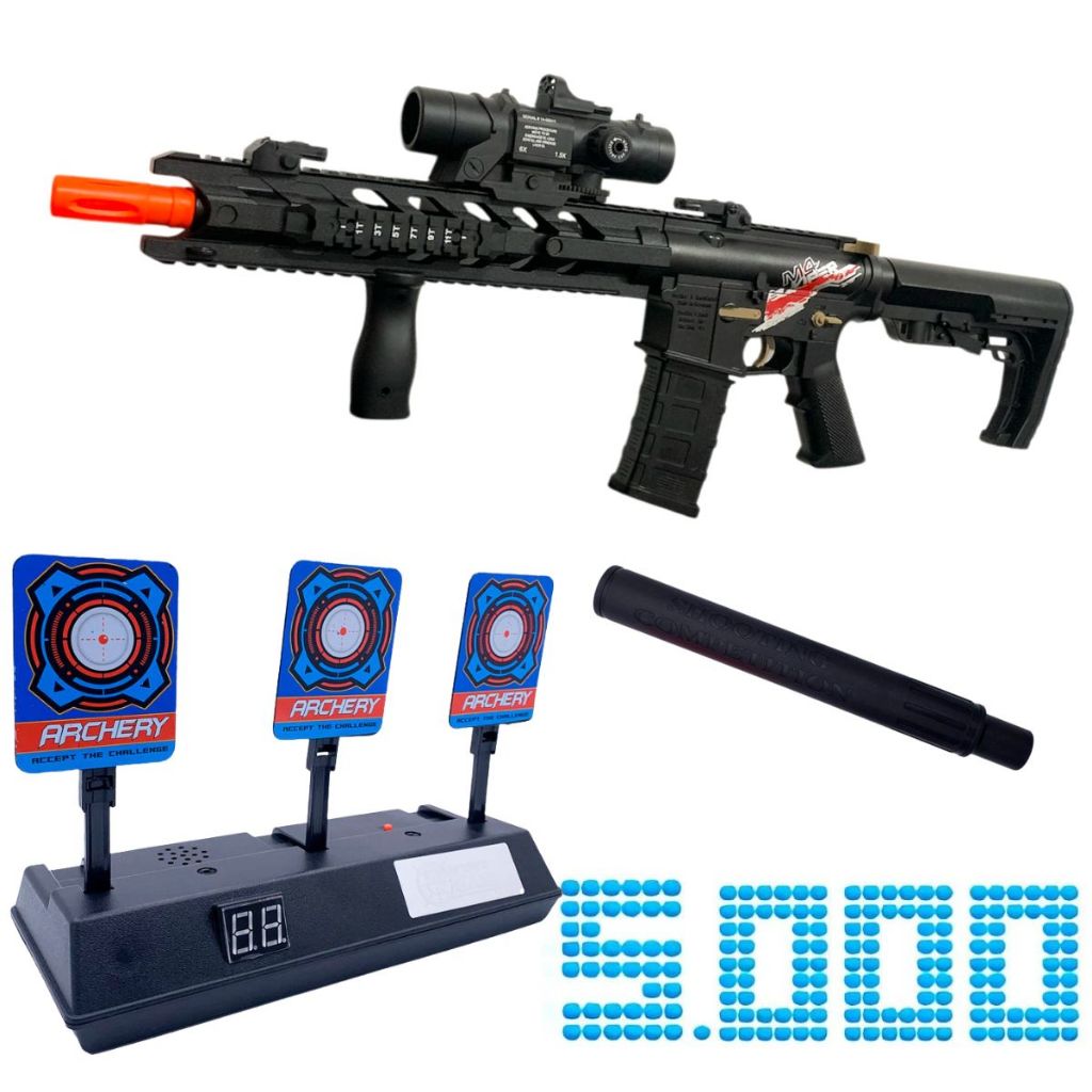 Kit Sniper de Gel M416 Pé Vermelho 98cm com Alvo Eletrônico e Orbes