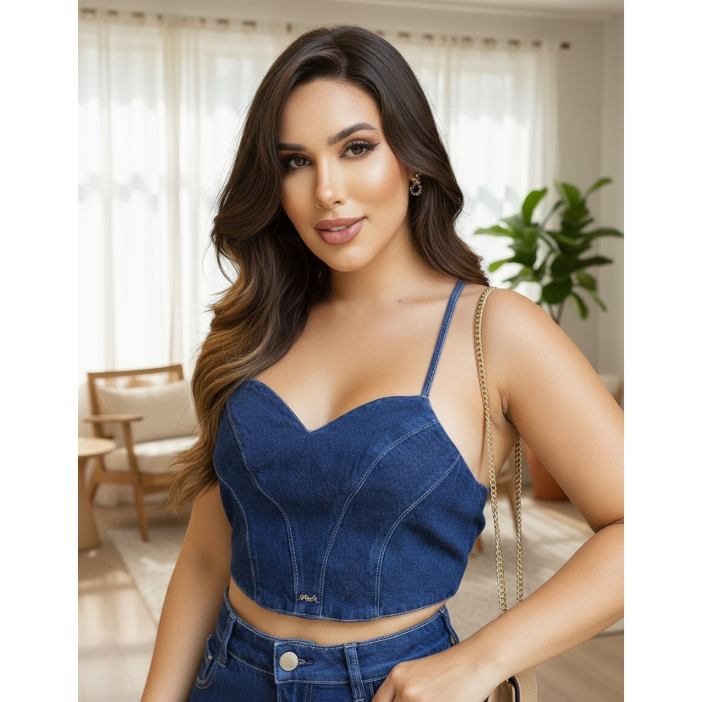 Cropped Top Jeans Escuro Trançado Costas Alcinha Sem Bojo | Shopee
