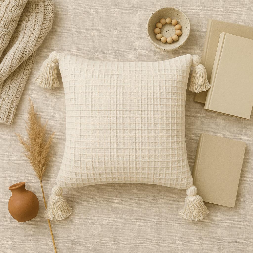 Capa de almofada boho 45x45 pompom piquet cru algodão bohochic
